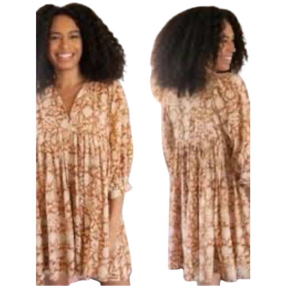 Natural Life Mini Dress Womens S Brown Floral Boho Babydoll Cotton